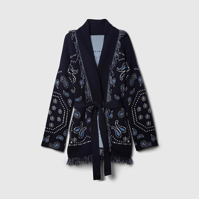 Women's Paisley Belted Button Front Cardigan Casual Knit Layer