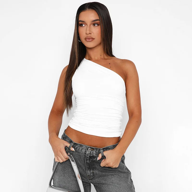 Women's Ruched Tank Top with a One-Shoulder Neckline and Sleeveless Shape