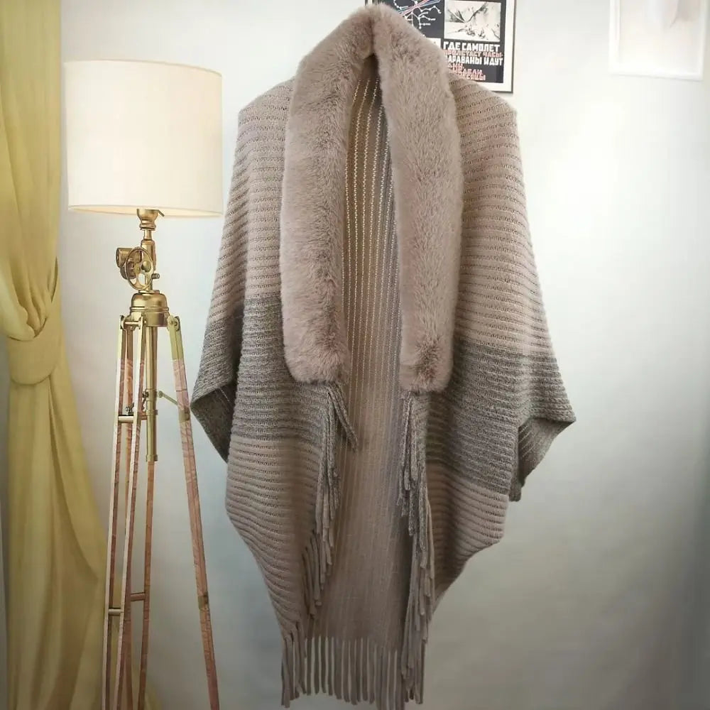 Plush Collar Ribbed Fringe Poncho for Layering over Outfits