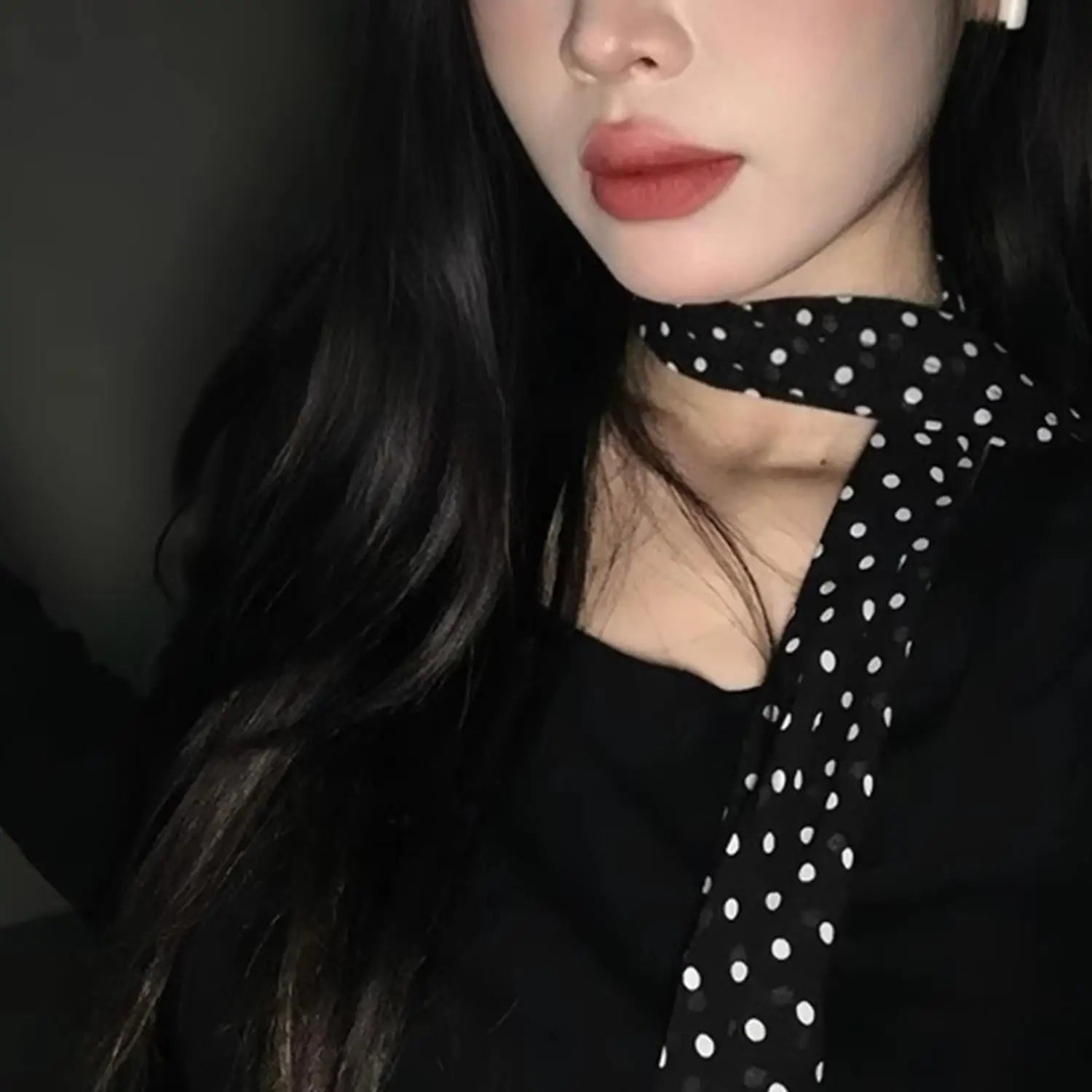 Printed Narrow Long Scarf with Pointed Ribbon Ends