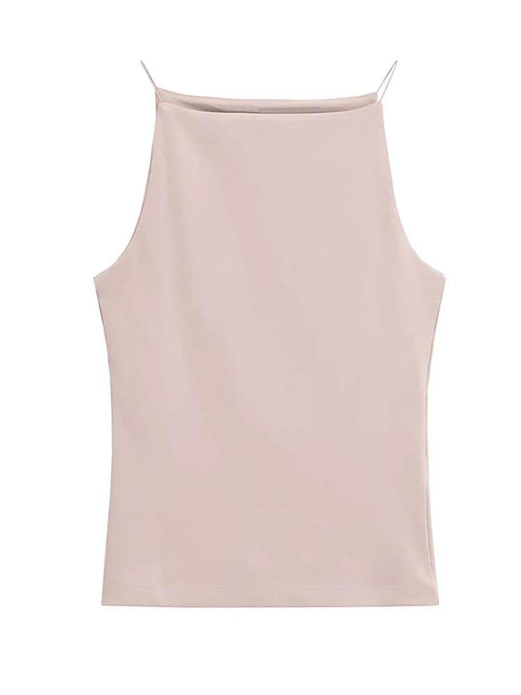 Women's High Neck Cotton Blend Camisole with Thin Straps and Straight Hem