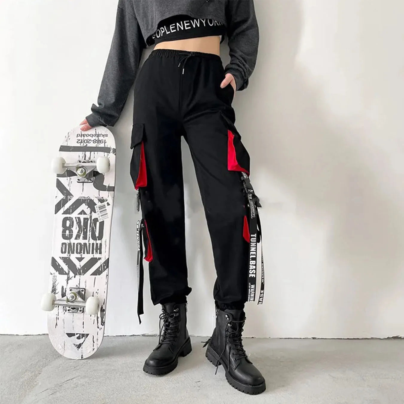 Women's Black Cargo Joggers with Printed Straps and Side Pockets
