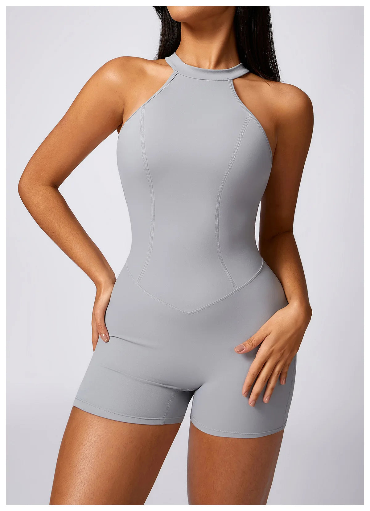 Women's High Neck Nylon Blend Romper with an Open Back