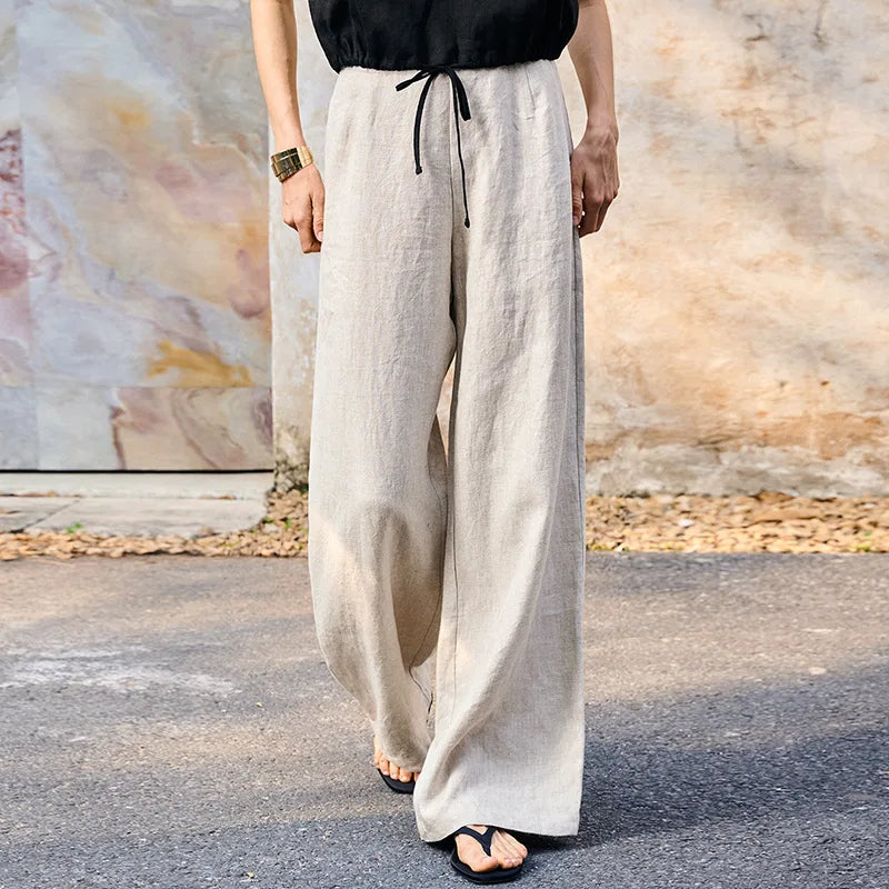 Women's Linen Loose Straight-Leg Pants with Drawstring Waist for Casual Daily Wear