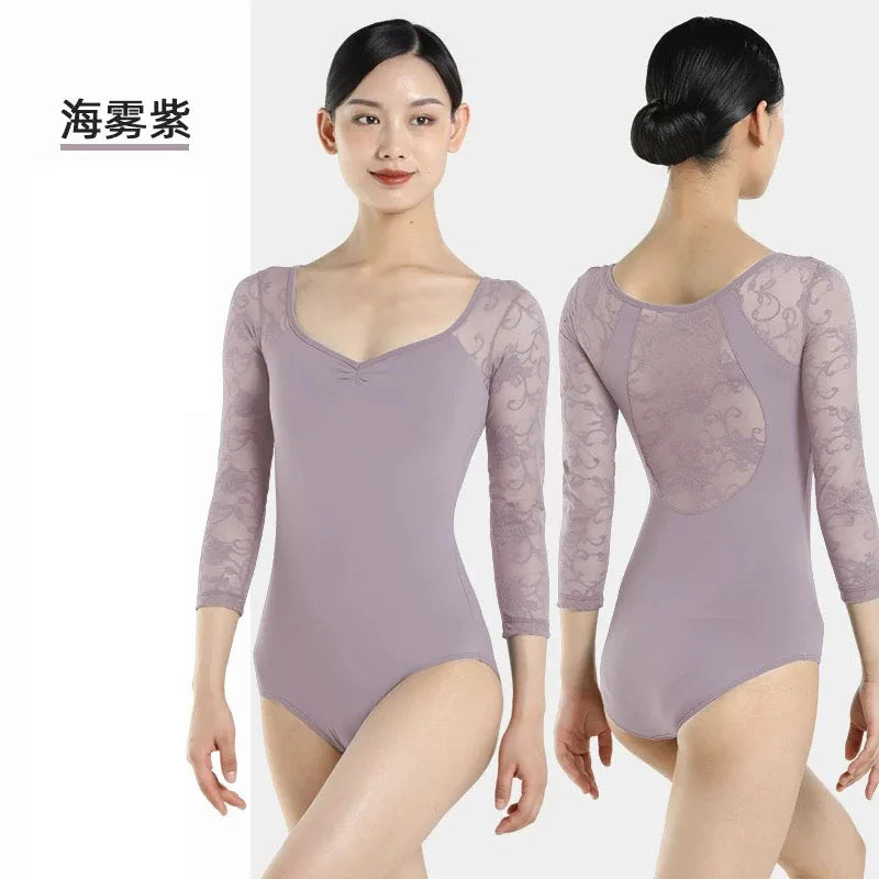 Women's Lace Sleeve Ballet Leotard with V Neckline and Back Opening