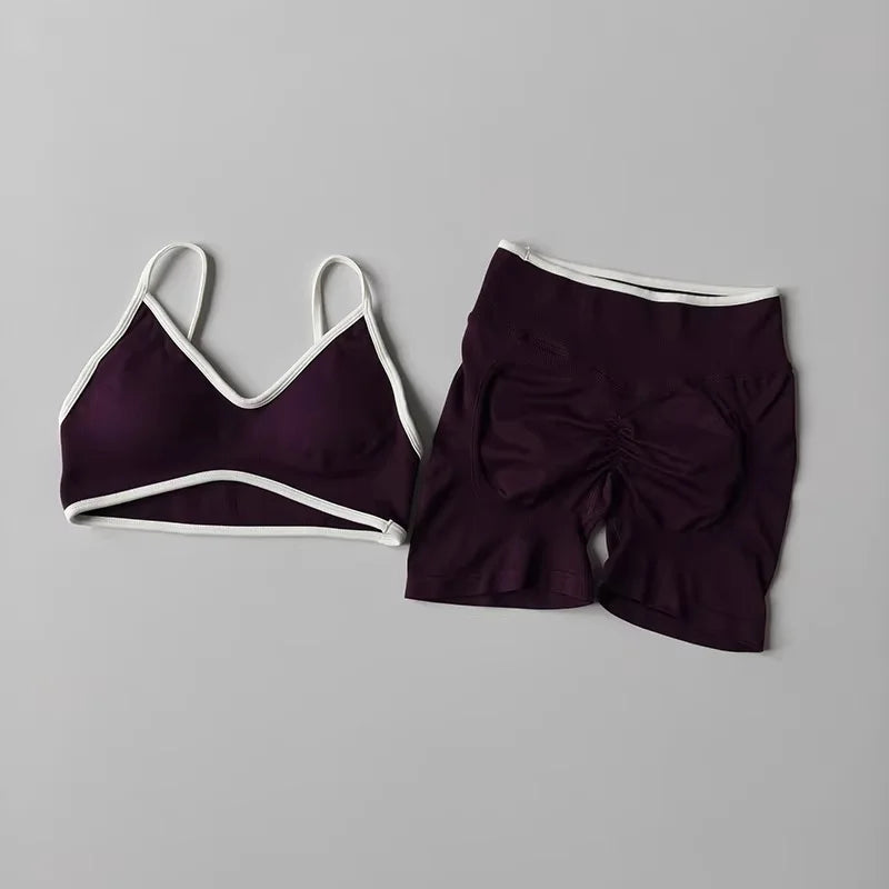 Women's Contrast Trim Bra And Shorts Yoga Set