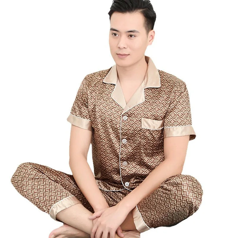 Men's Printed Lapel Button Front Shirt and Pants Pajama Set