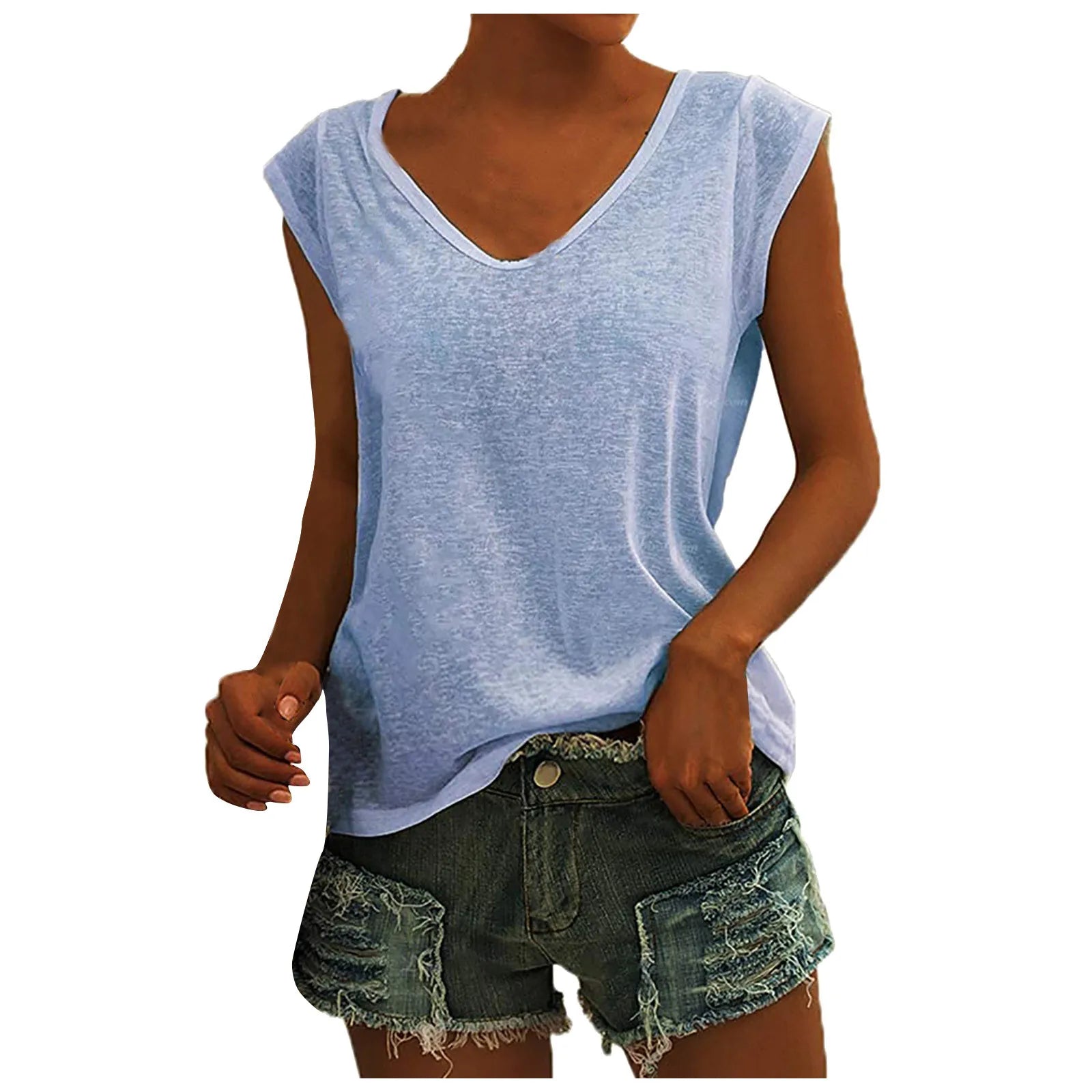 Women's Polyester Sleeveless V-Neck Tank Top with Slight Stretch for Summer Outfits