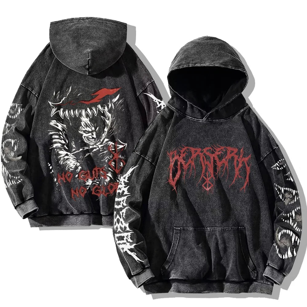 Washed-Effect Graphic Long-Sleeve Pullover Hoodie