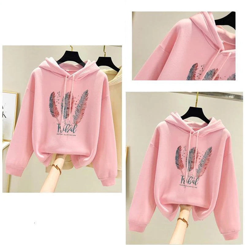 Feather Graphic Long Sleeve Pullover Casual Hoodie for Layering
