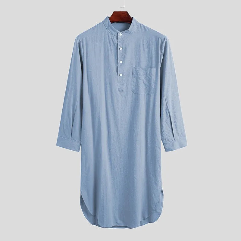 Men's Solid Stand Collar Long Sleeve Button Front Sleep Nightdress