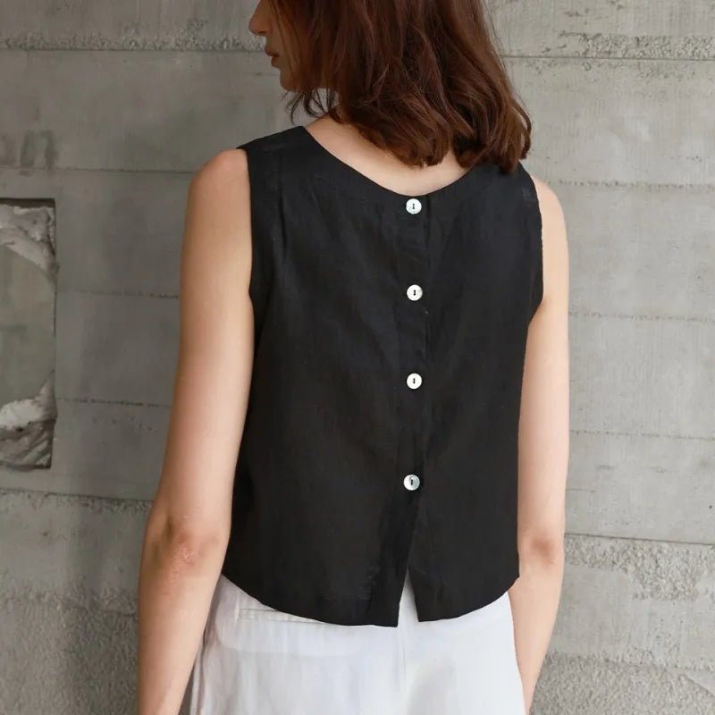 Women's Linen Sleeveless Cropped Tank Top with Button Detail for Casual Outfits