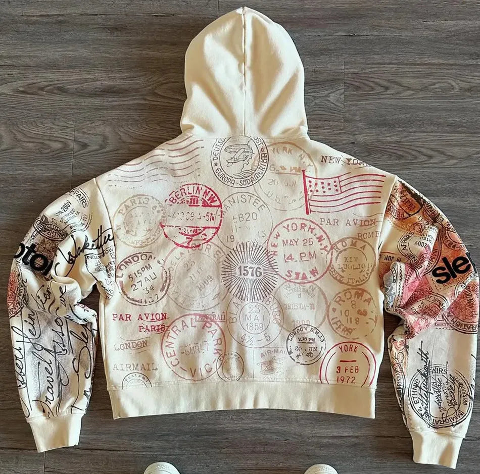 Abstract-Print Loose-Fit Long-Sleeve Zip-Front Hoodie