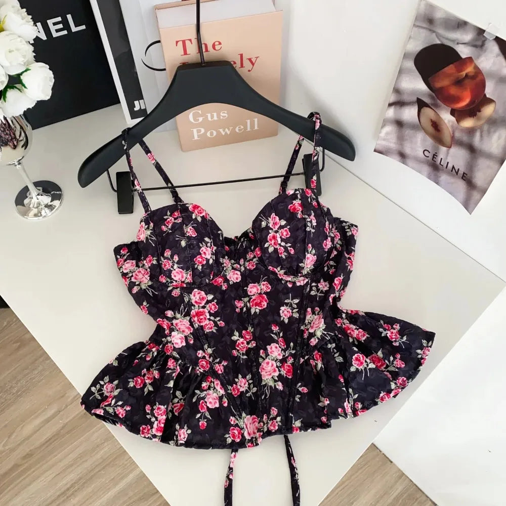 Women's Floral Print Crop Top with Ruffle Details and Cropped Length