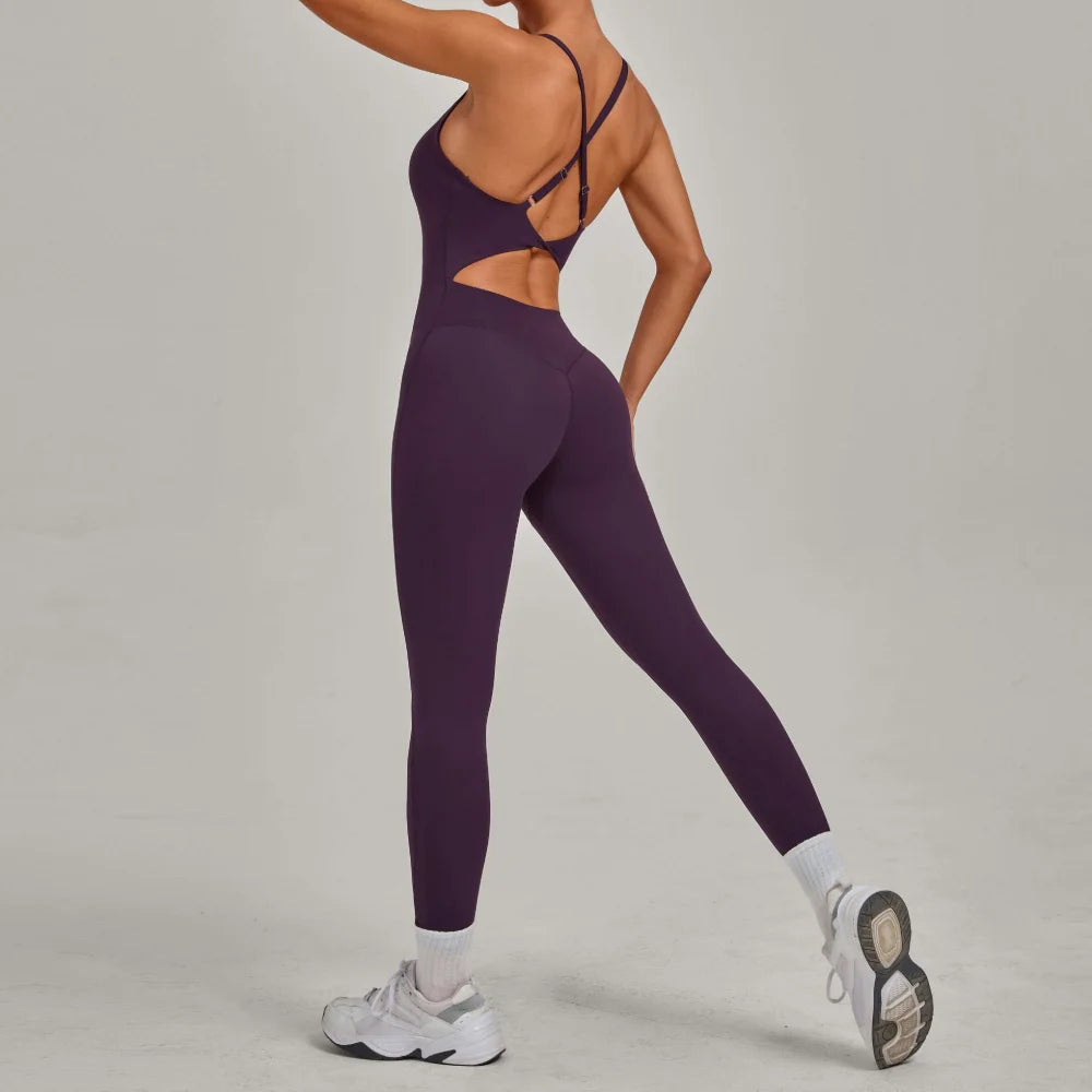 Women's Thin Strap Workout Jumpsuit with Crisscross Back and Fitted Legs