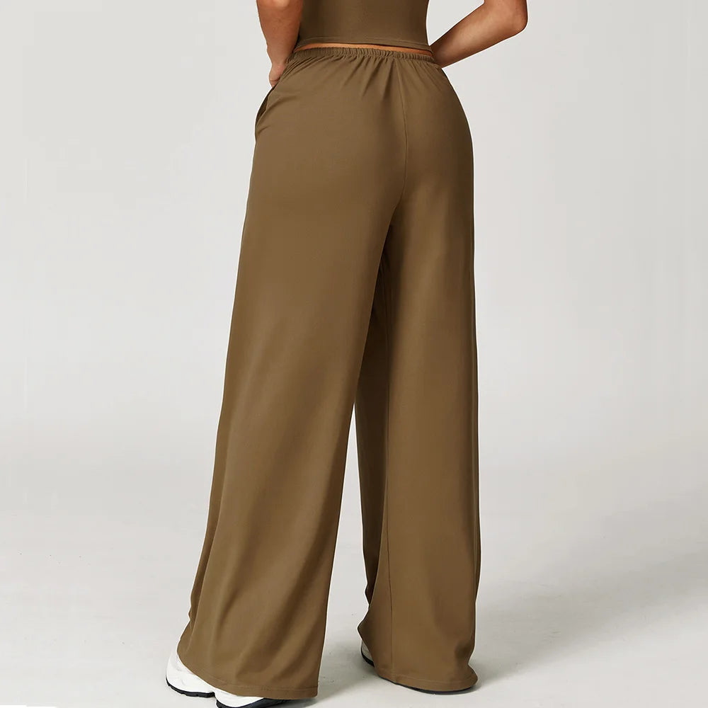 Women's Drawstring Waist Polyester Blend Wide Leg Pants with Side Pockets