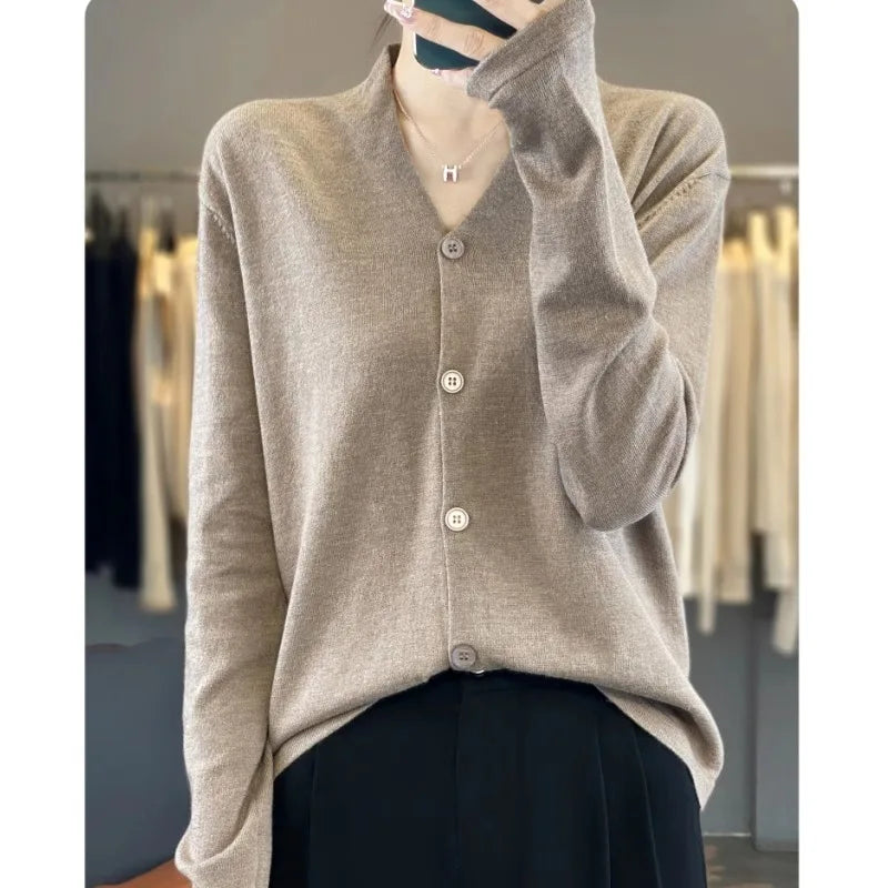 Light luxury retro style! V-neck pure cashmere knit cardigan women's autumn and winter loose wool top bottom sweater coat