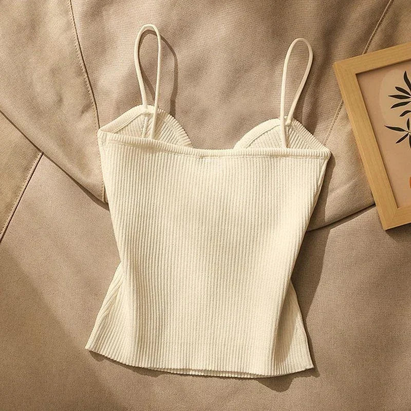 Women's Ribbed Cotton Camisole with Sweetheart Neck and Gold Tone Buttons