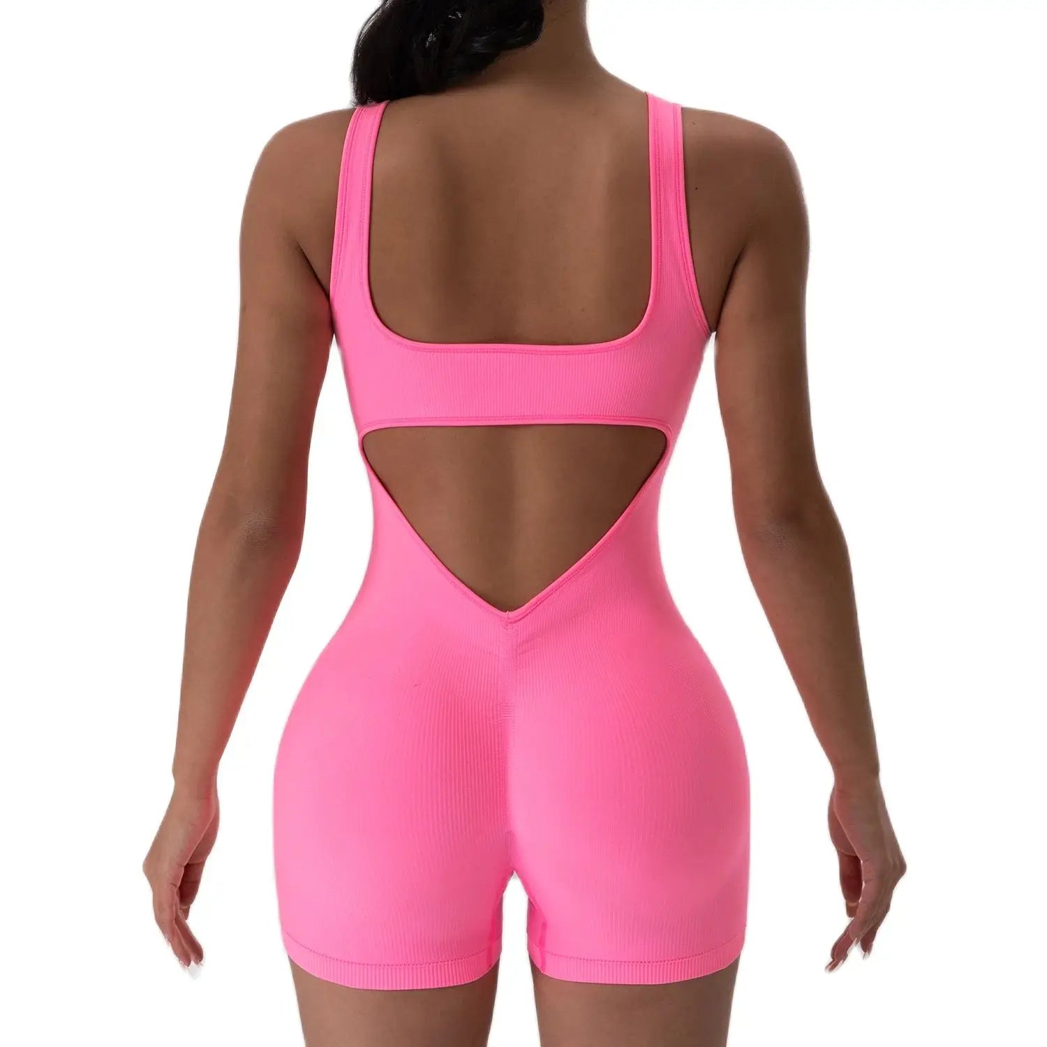 Women's Open Back Nylon Blend Workout Romper with Tank Neckline and Short Legs