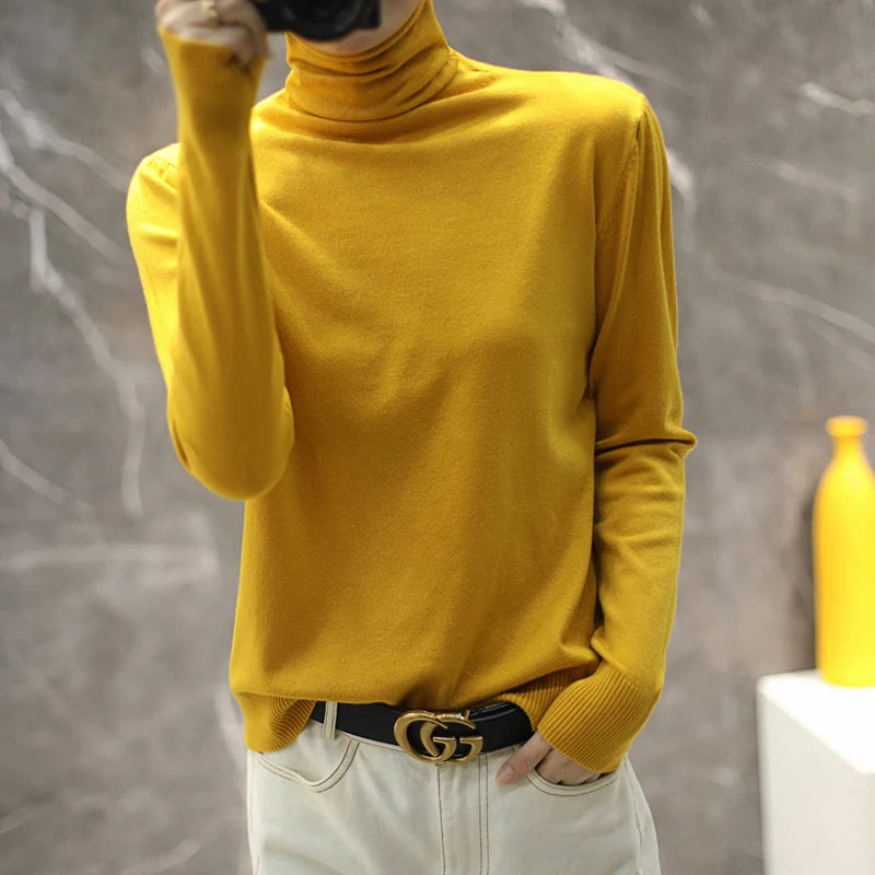 Women's Fitted Roll Neck Long Sleeve Sweater Casual Knit Layer