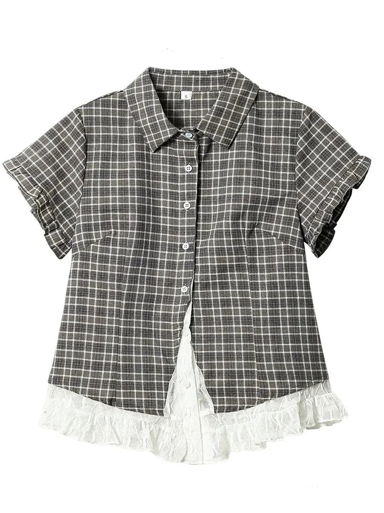 Women's Checked Lace Detail Collared Shirt