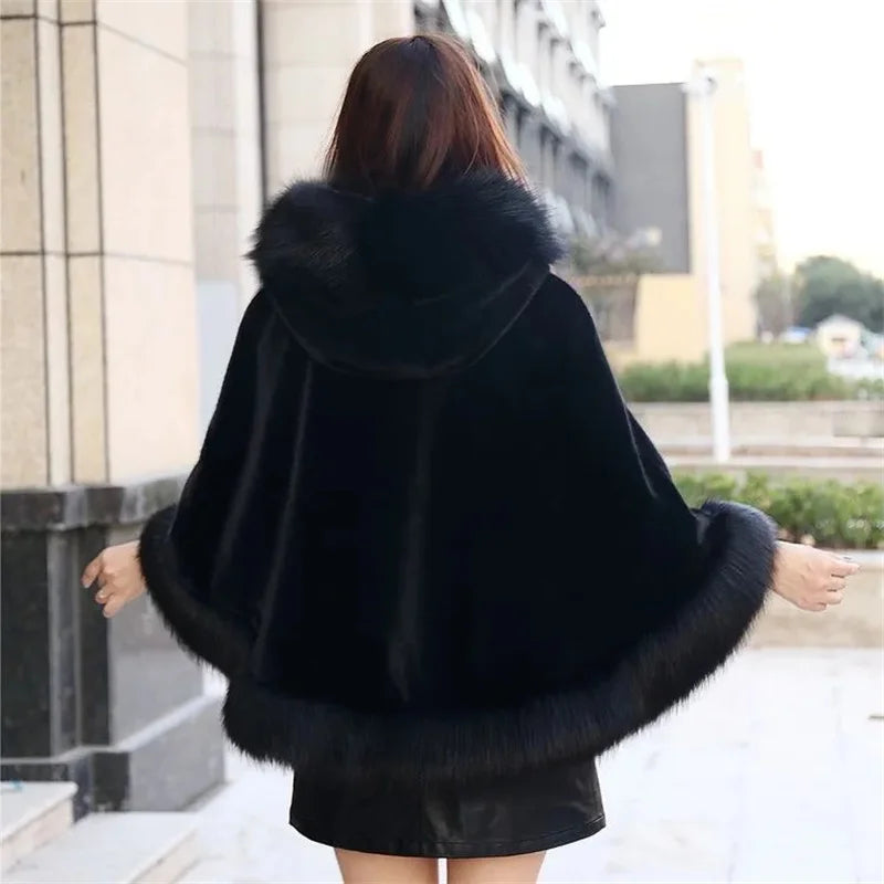 Plush Trim Hooded Cape for Layering over Outfits