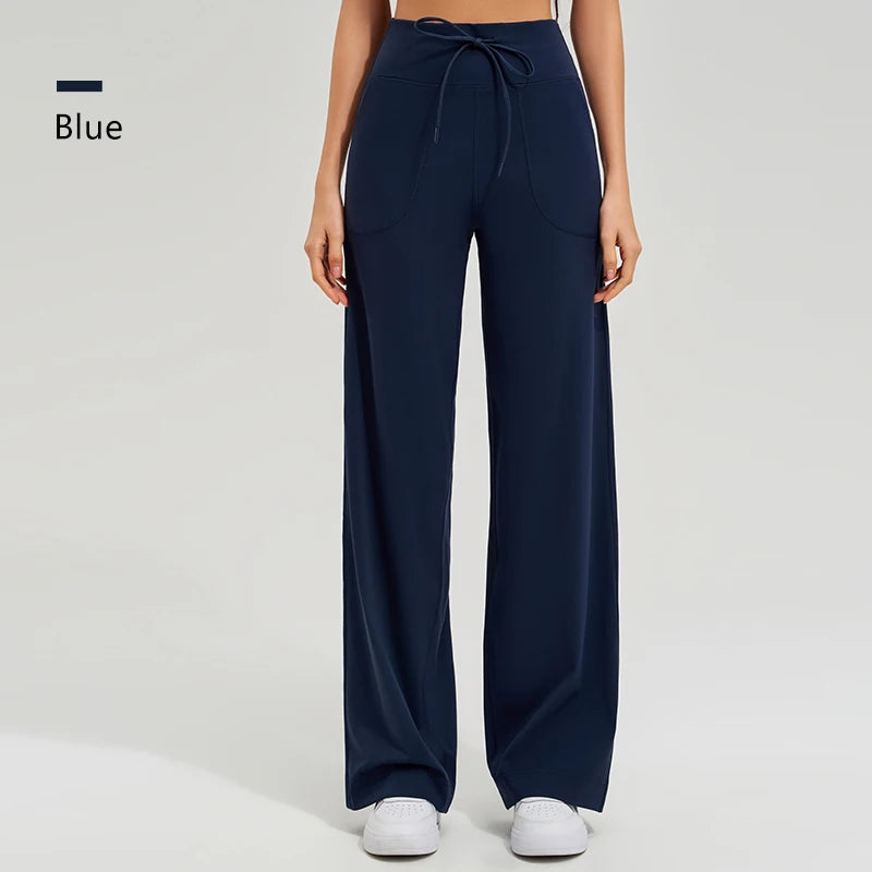 Women's Drawstring Waist Nylon Blend Wide Leg Workout Pants with Pockets