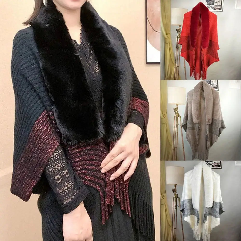 Plush Collar Ribbed Fringe Poncho for Layering over Outfits