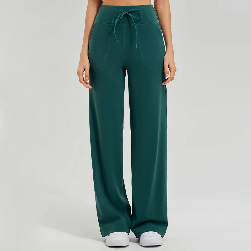 Women's Drawstring Waist Nylon Blend Wide Leg Pants for Yoga Practice