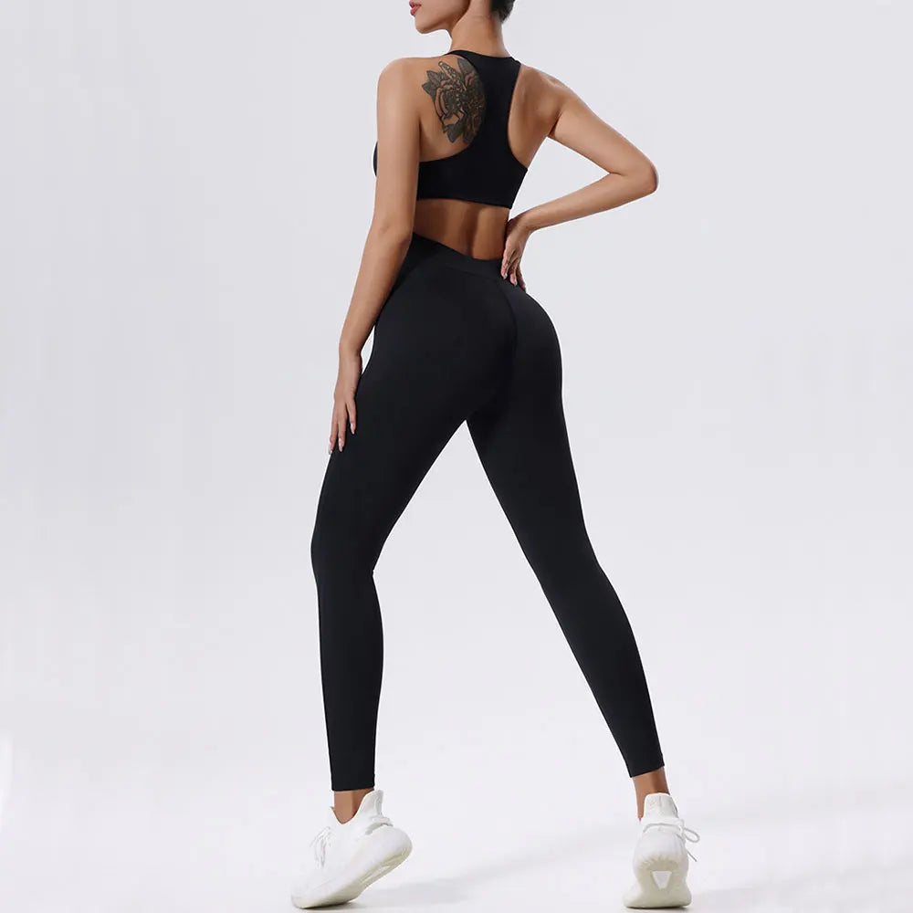 Women's Sleeveless Nylon Blend Workout Jumpsuit with Front Zip and Back Cutout