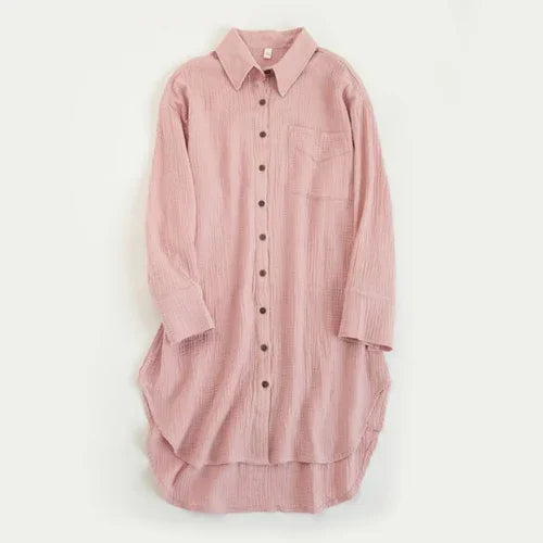Women's Cotton Long-Sleeve Collared Loose A-Line Mini Shirt Dress with Front Buttons