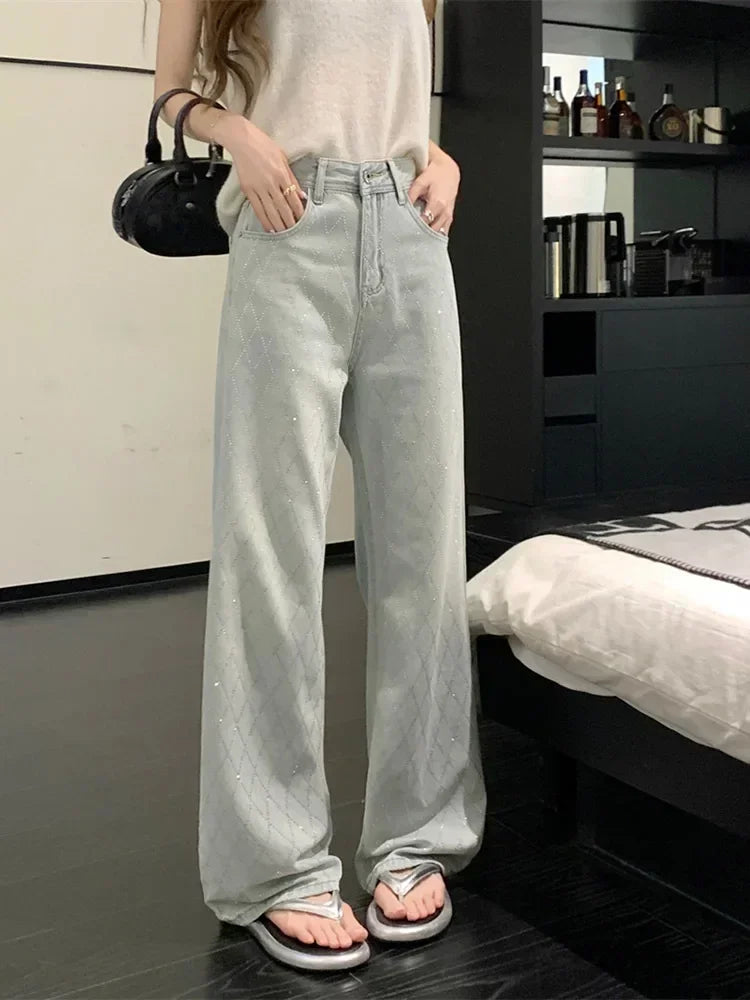 Women's Argyle Diamond Pattern Wide Leg Denim Jeans