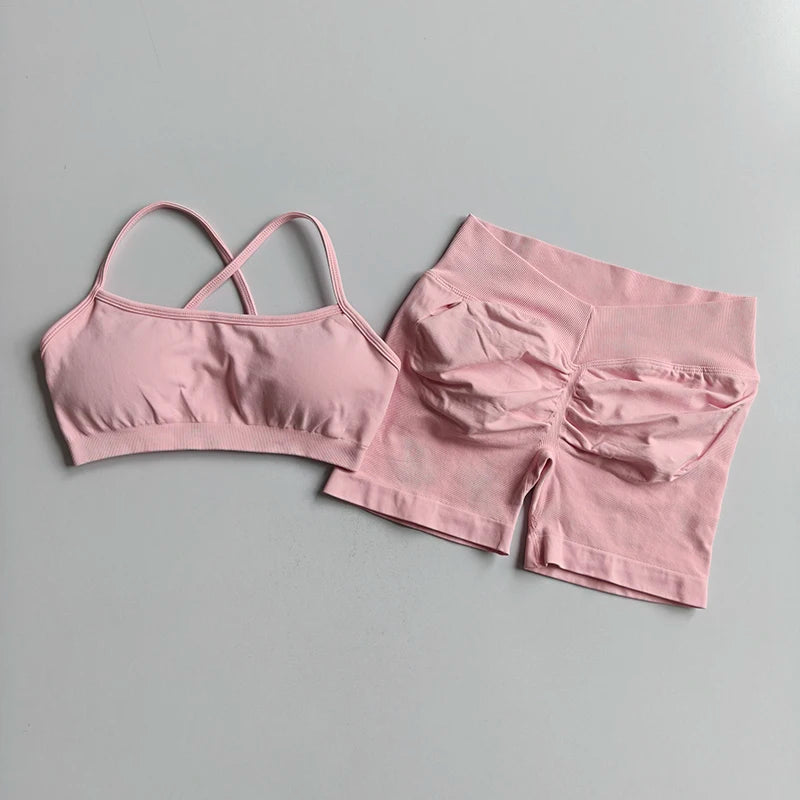Women's Cross Strap Bra And Shorts Yoga Set