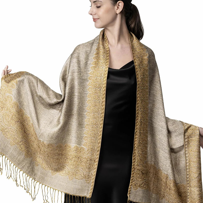 Paisley Floral Print Long Scarf with Fringed Ends