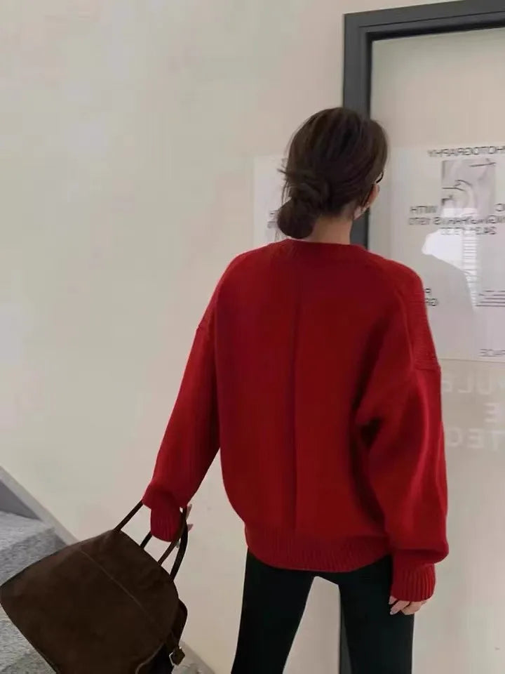 V-neck 100 pure wool sweater for women in autumn and winter, loose and thick sweater, long-sleeved knitted top