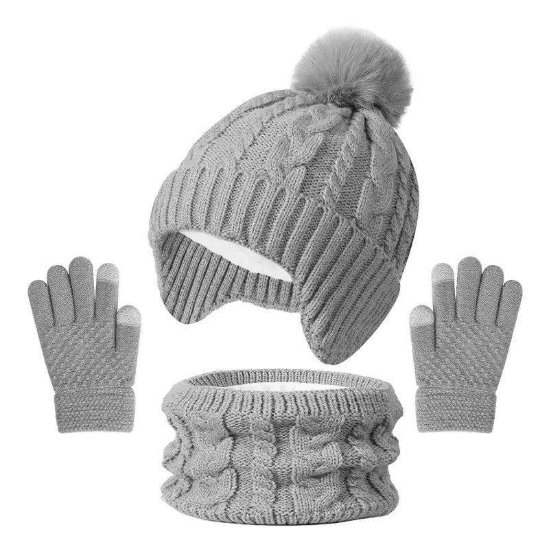 Children's Knitted Beanie Hat Scarf and Gloves Set for Winter Wear
