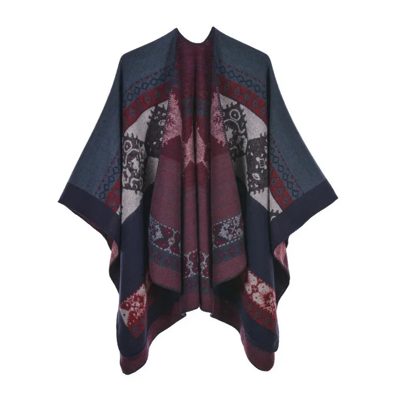 Patterned Fringed Open Front Poncho for Layering over Outfits
