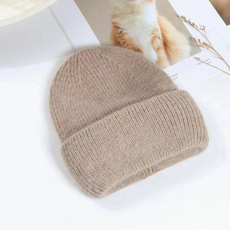 Solid Ribbed Knit Beanie with Wide Folded Cuff