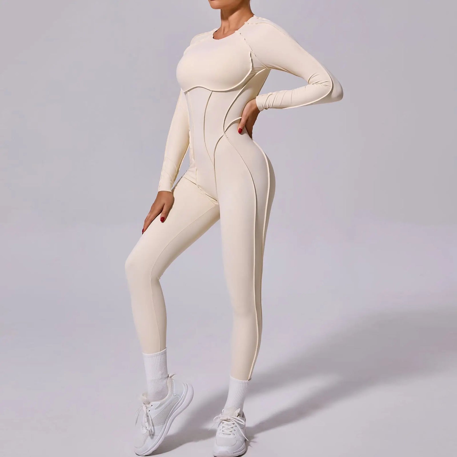 Women's Long Sleeve Nylon Blend Workout Jumpsuit with Back Cutout