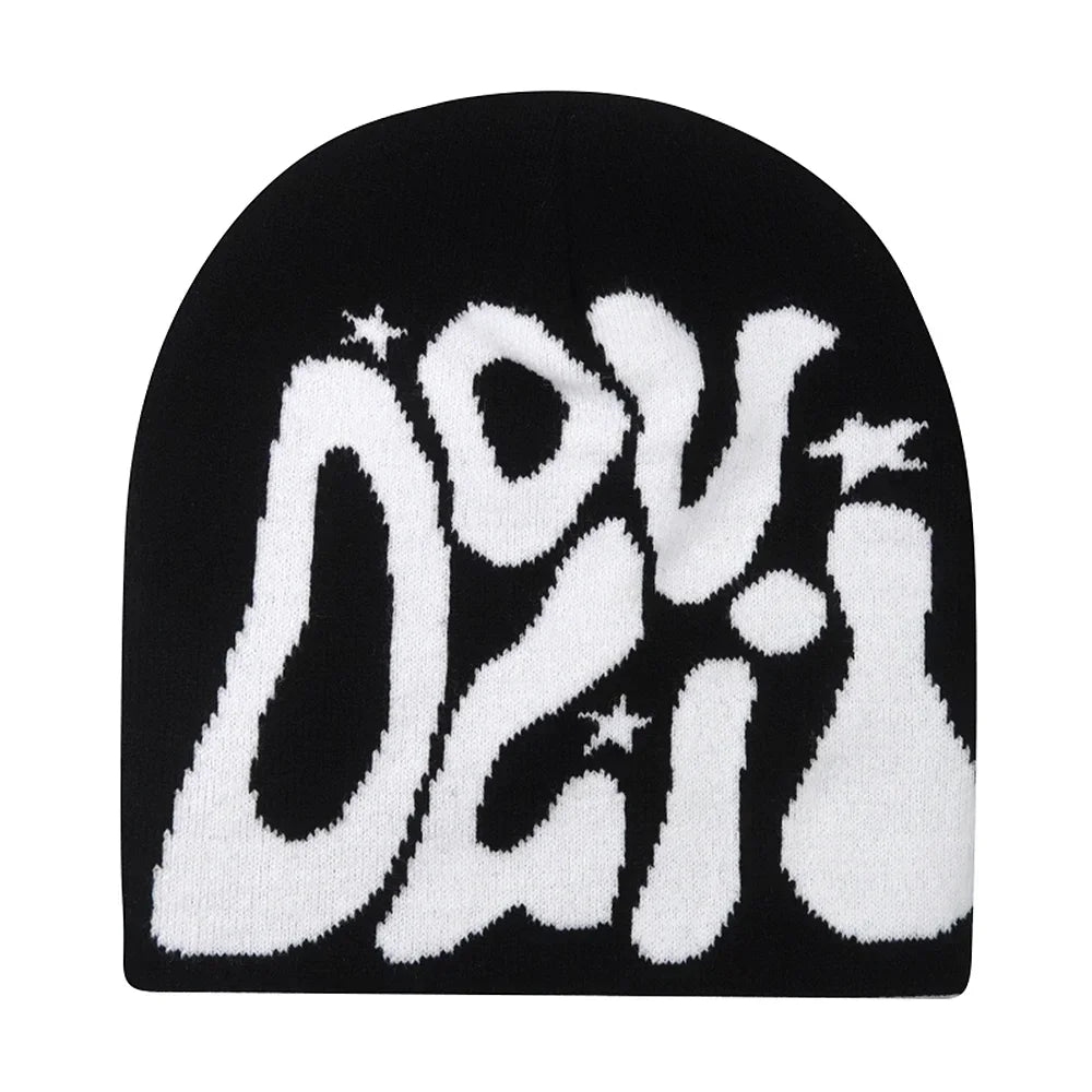 Graphic Knit Beanie with Letter and Pattern Style Options