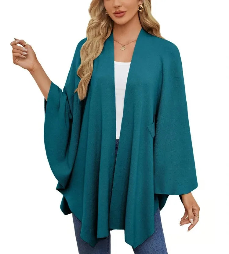 Ribbed Open Front Drape Poncho for Layering over Outfits