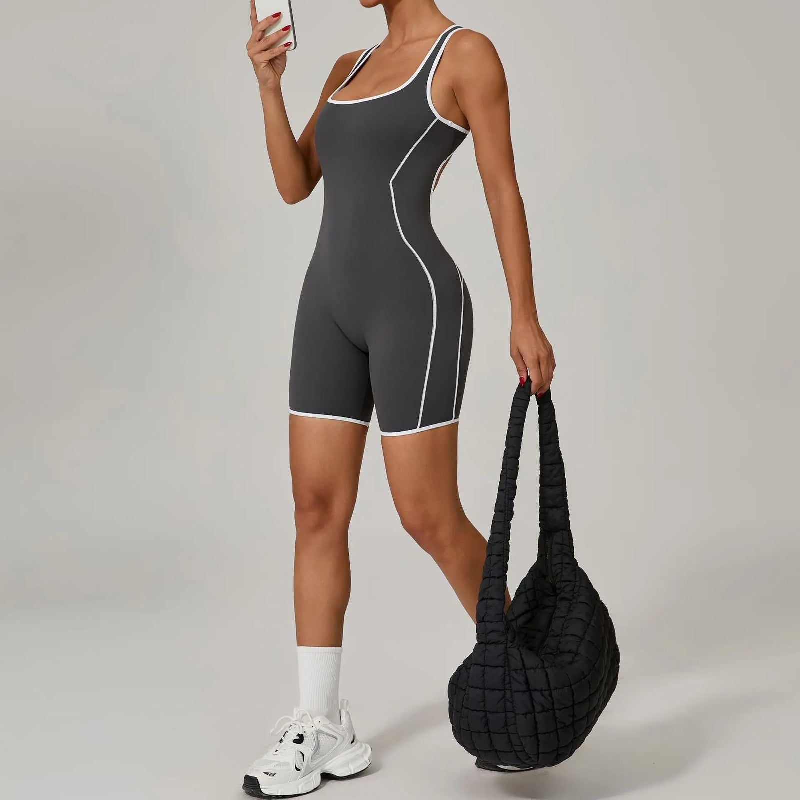 Women's Contrast Trim Nylon Blend Workout Romper with Racerback Cutout