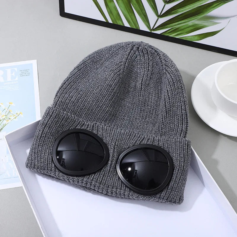 Ribbed Knit Beanie with Decorative Goggle Style Detail