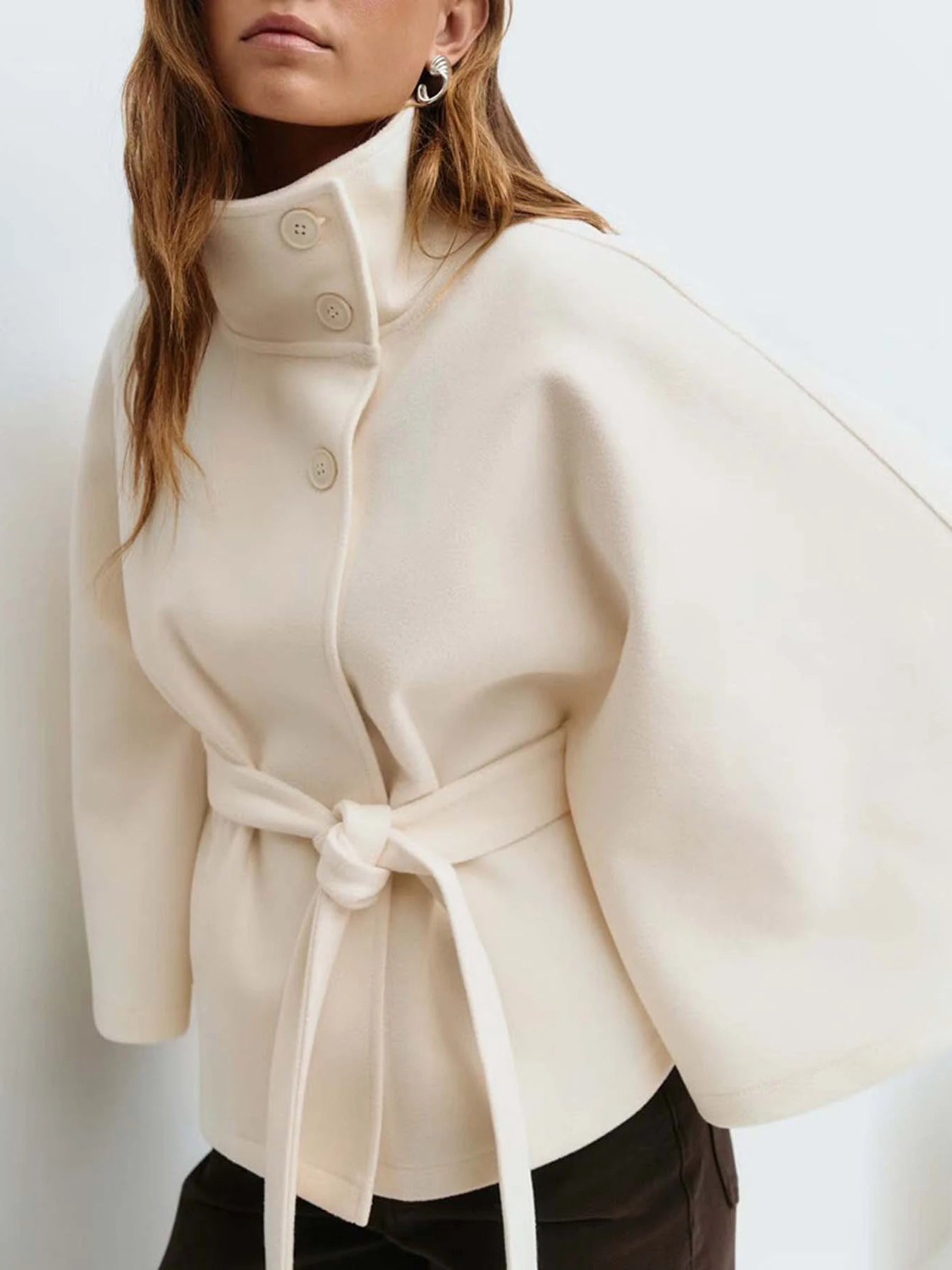 Belted Stand Collar Cape for Layering over Outfits