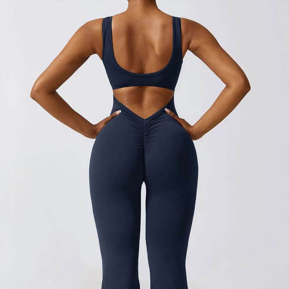 Women's Sleeveless Nylon Blend Flared Workout Jumpsuit with Back Cutout