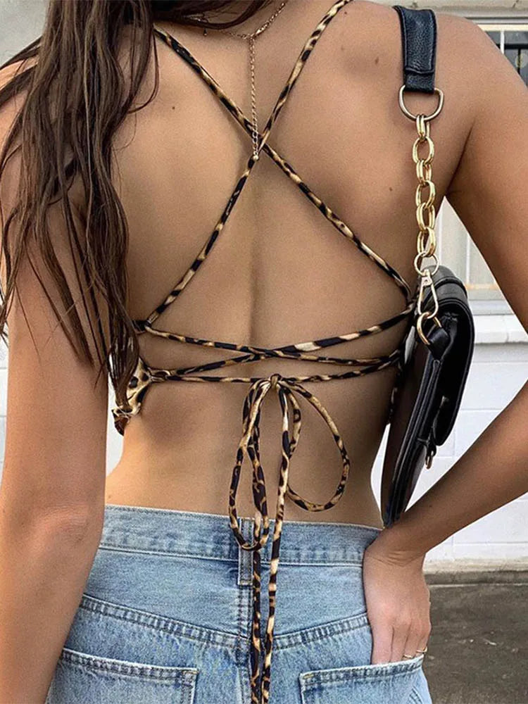 Women's Leopard Print Crop Top with Lace-Up Detailing and Sleeveless Design