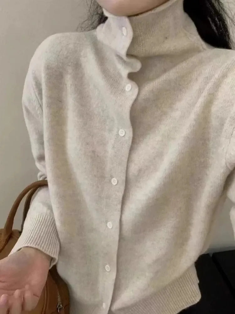 French-style high-neck 100 pure cashmere knitted cardigan for women's autumn and winter loose sweater with wool base coat