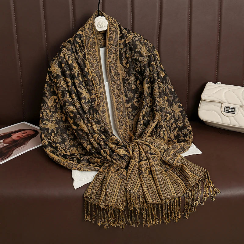 Paisley Floral Print Long Scarf with Fringed Ends