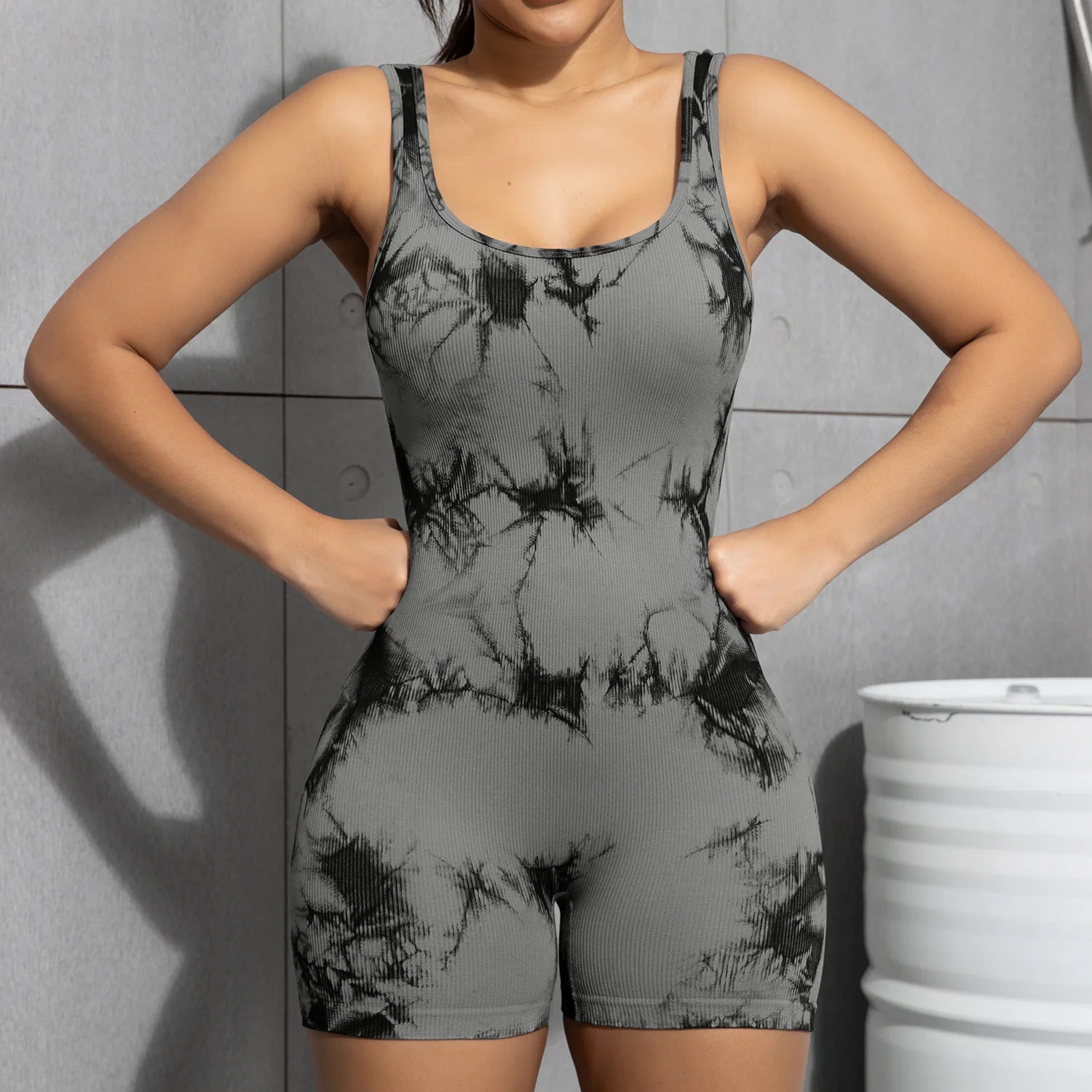 Women's Open Back Nylon Blend Workout Romper in Plain and Printed Styles