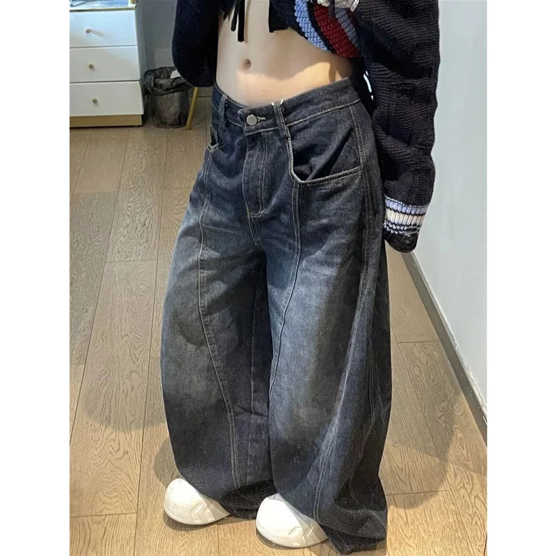 Women's Washed Black Baggy Wide Leg Denim Jeans